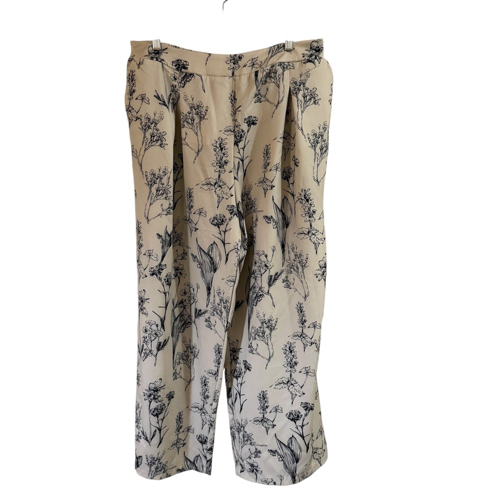 CIDER Floral Print Wide Leg Pants Women's 1XL Beige Black Botanical Flowy